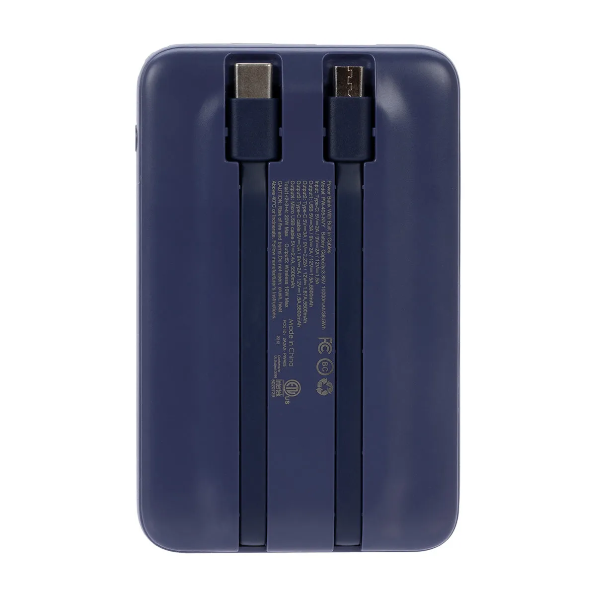 10000 mAh Power Bank with Wireless Charging and Integrated Cables