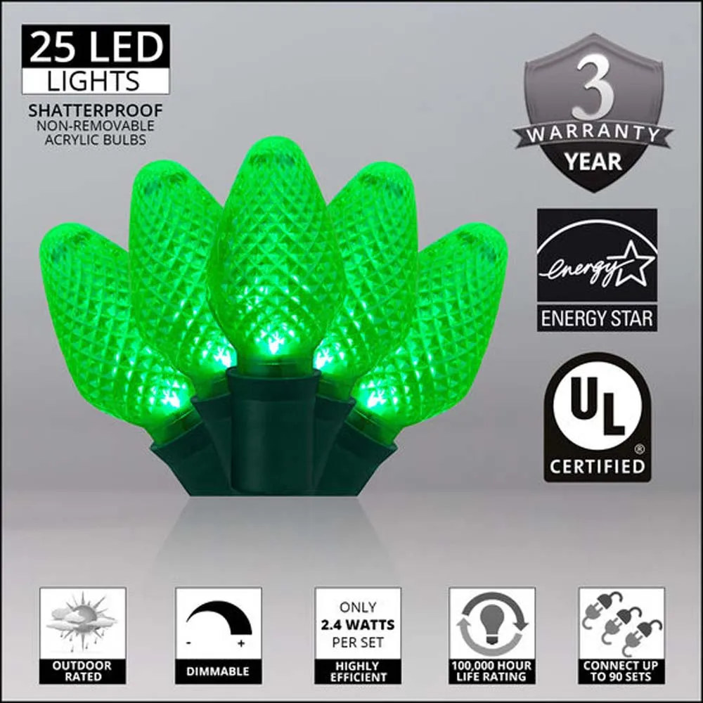 25 Green C7 LED Christmas Lights, Green Wire, 8" Spacing