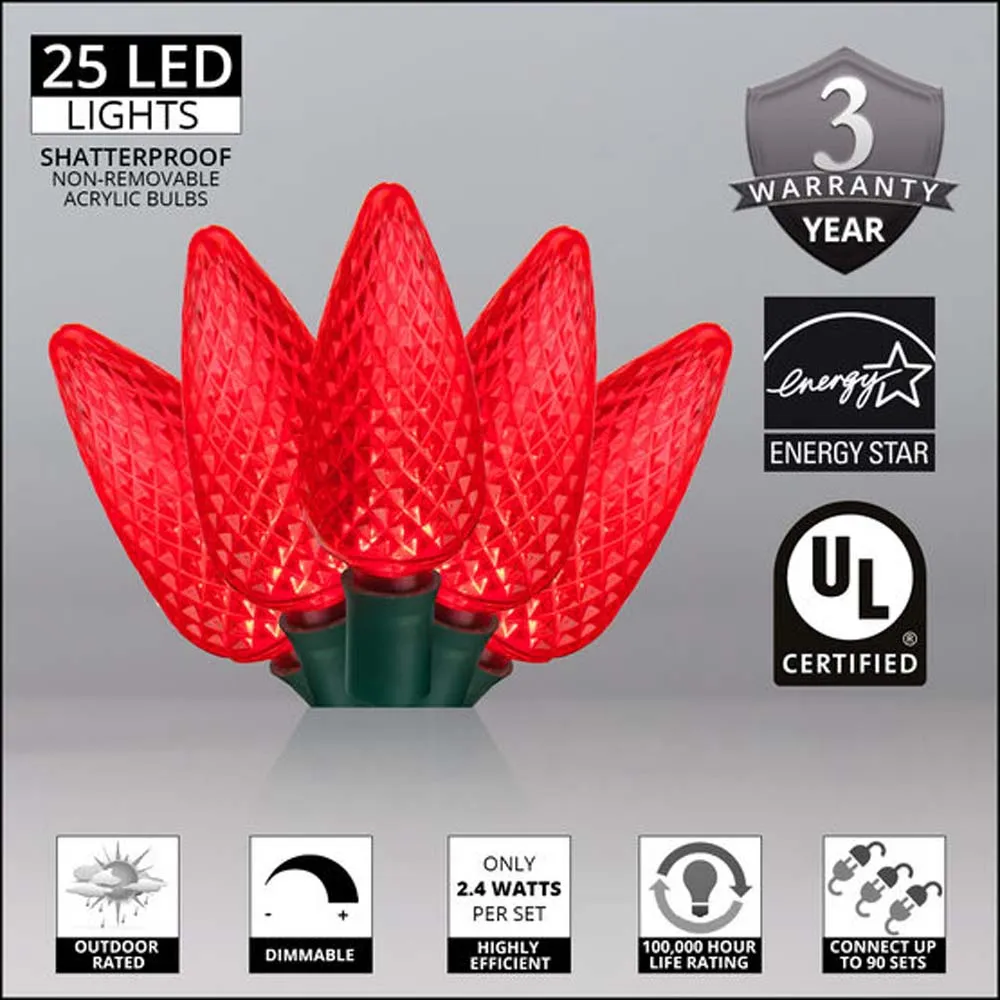 25 Red C9 LED Christmas Lights, Green Wire, 8" Spacing
