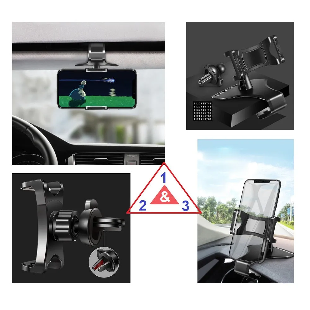 3 in 1 Car GPS Smartphone Holder: Dashboard / Visor Clamp   AC Grid Clip for Cect i68 Sciphone - Black
