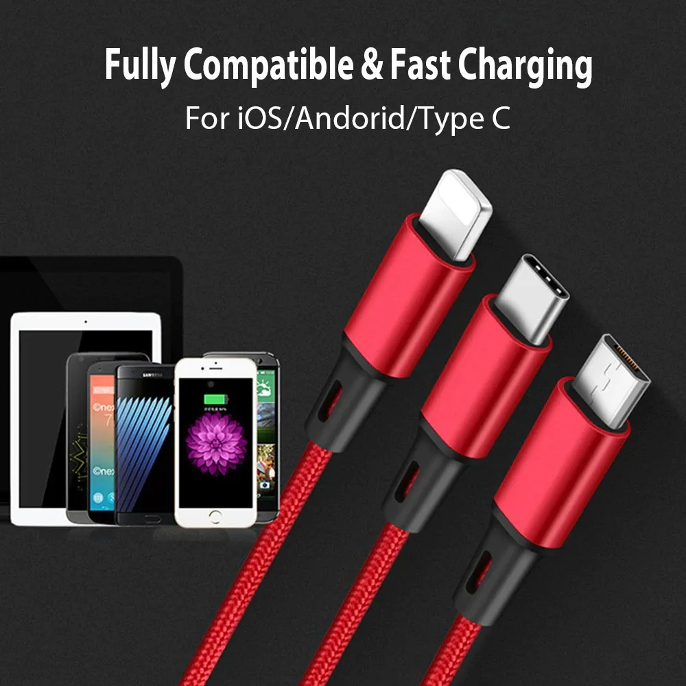 3-in-1 USB Charging Cable for iPhone and Android Devices