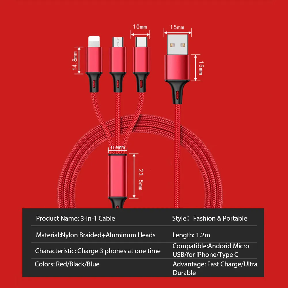 3-in-1 USB Charging Cable for iPhone and Android Devices