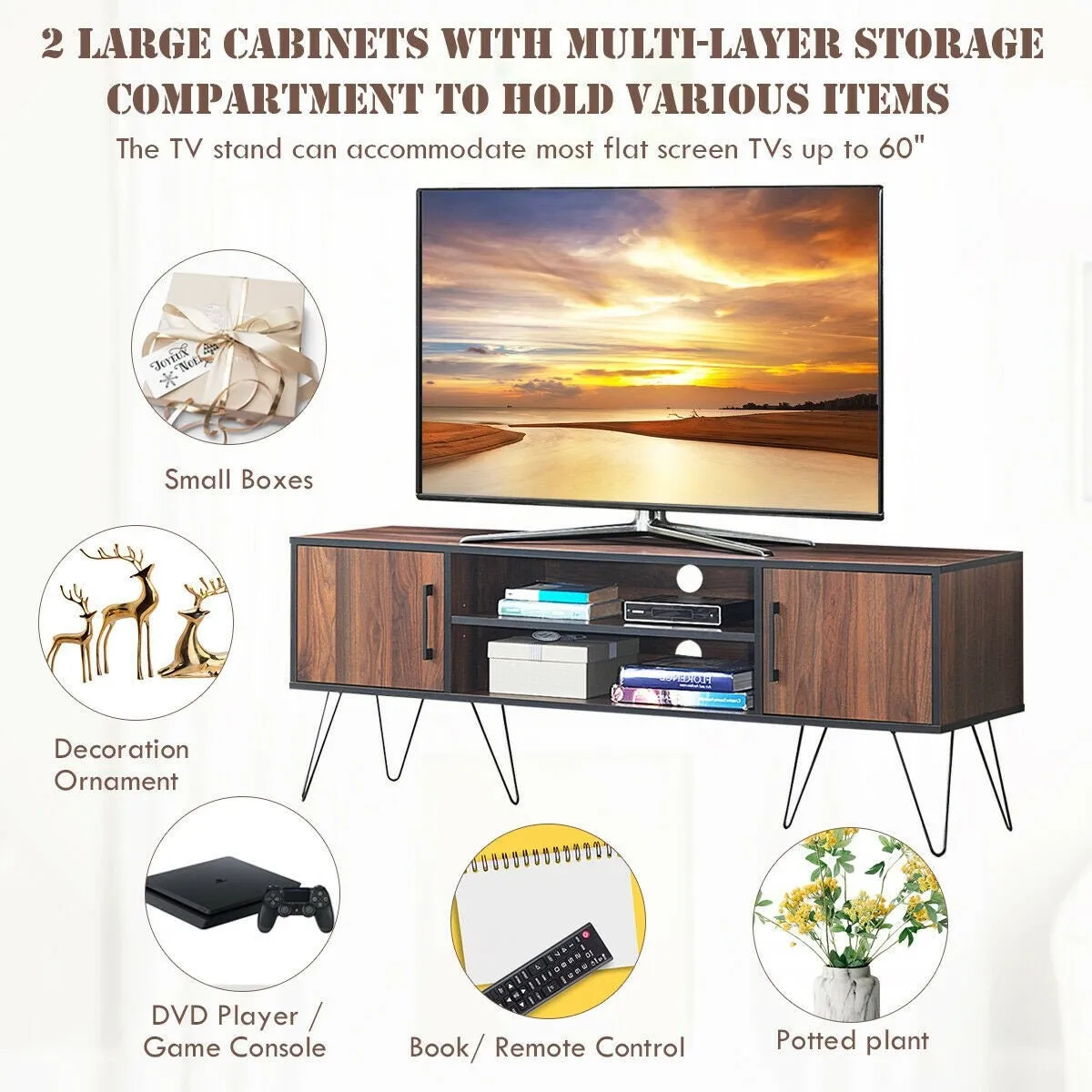 60" TV Stand Media Center Storage Cabinet with Metal Leg