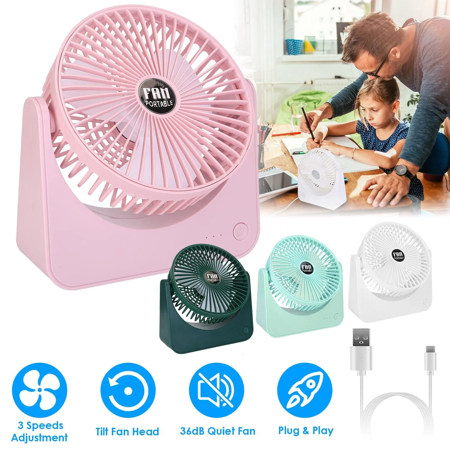 6.5" Desk Fan USB Powered 3 Speeds