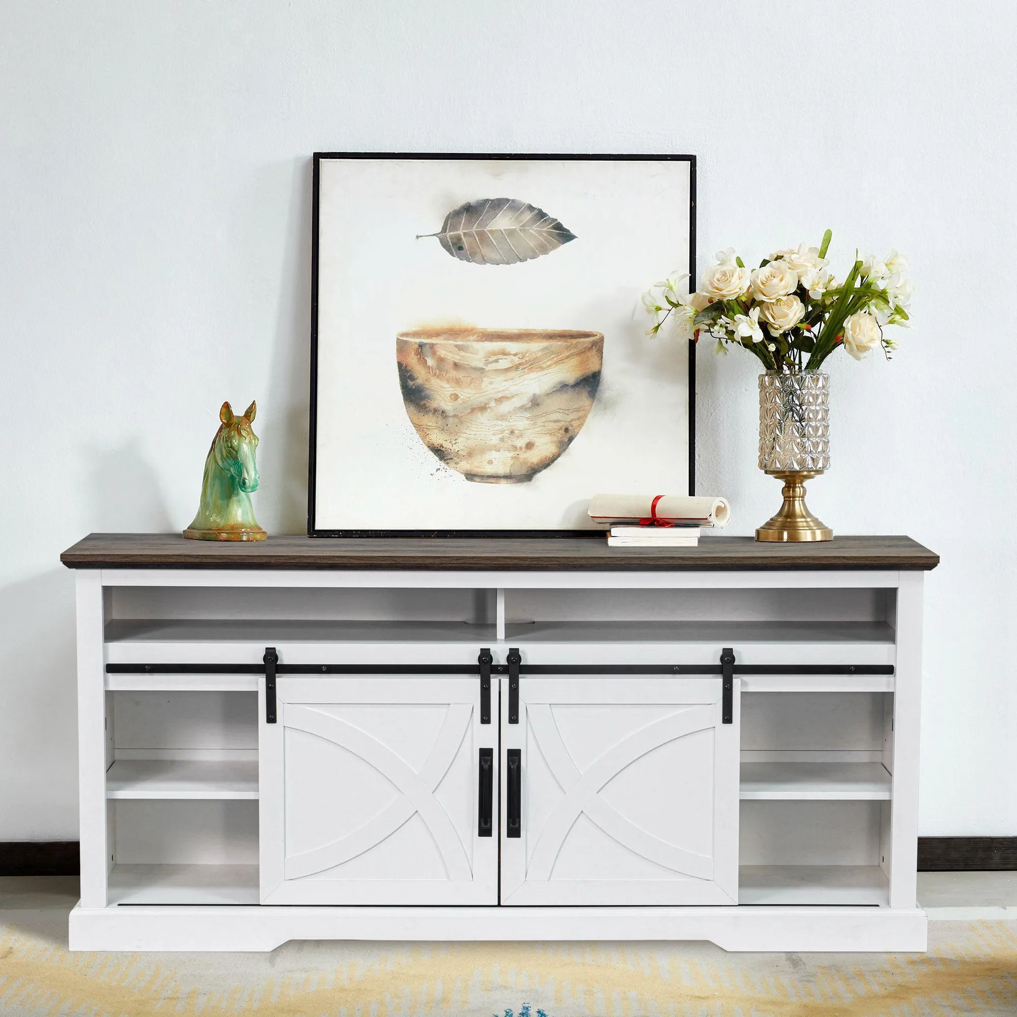 68" Farmhouse TV Stand with Double Sliding Barn Doors for Living Room