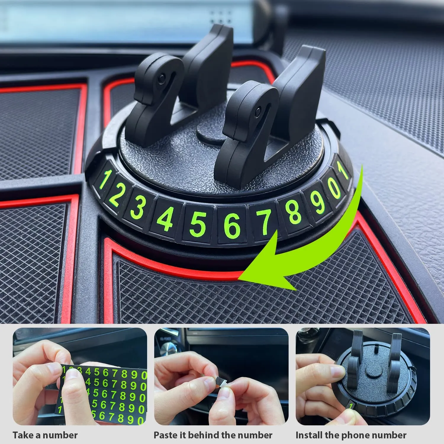 Aara Internationals Car Non Slip Dashboard Mat 4-in-1 Multifunctional 360°Rotating Phone Holder Phone Pad with Temporary Car Parking Number & 2 Perfume Aromatherapy Anti-Shake Pad Universal Phone Holder (Red)