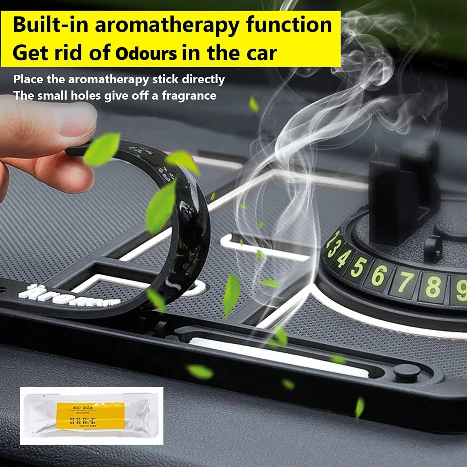 Aara Internationals Car Non Slip Dashboard Mat 4-in-1 Multifunctional 360°Rotating Phone Holder Phone Pad with Temporary Car Parking Number & 2 Perfume Aromatherapy Anti-Shake Pad Universal Phone Holder (Red)