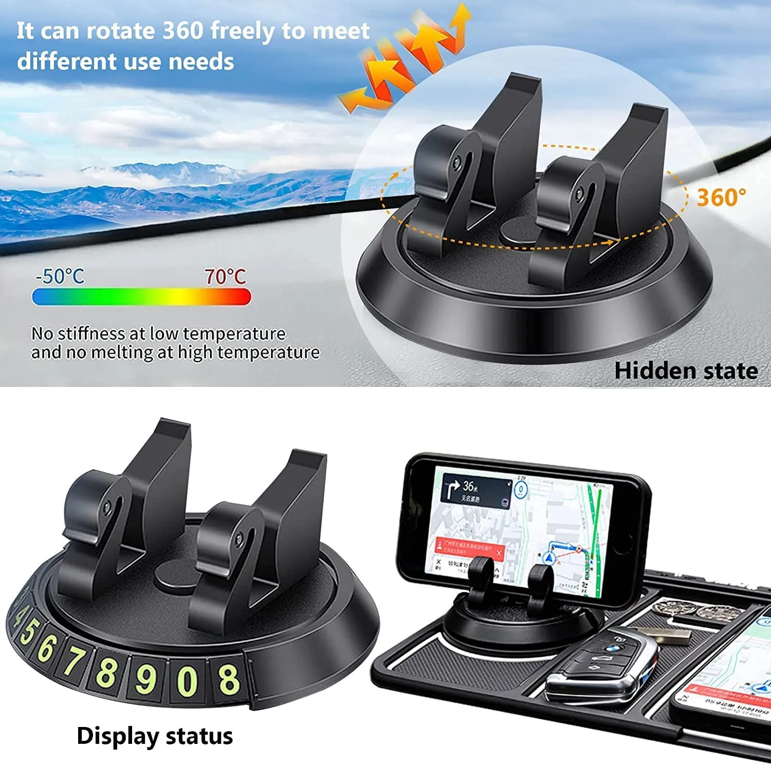 Aara Internationals Car Non Slip Dashboard Mat 4-in-1 Multifunctional 360°Rotating Phone Holder Phone Pad with Temporary Car Parking Number & 2 Perfume Aromatherapy Anti-Shake Pad Universal Phone Holder (Red)