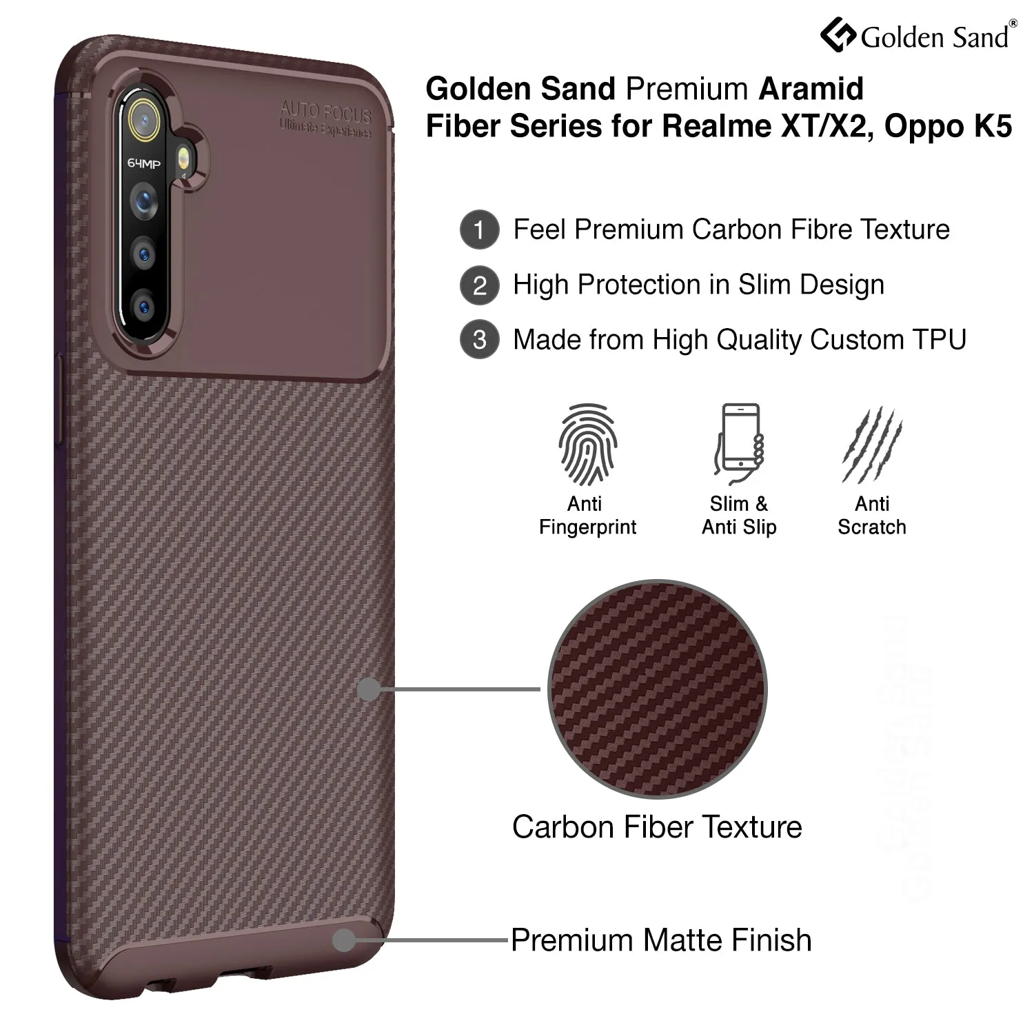 Aramid Fibre Series Shockproof Armor Back Cover for Realme X2, Realme XT, Oppo K5 6.4 inch, Brown