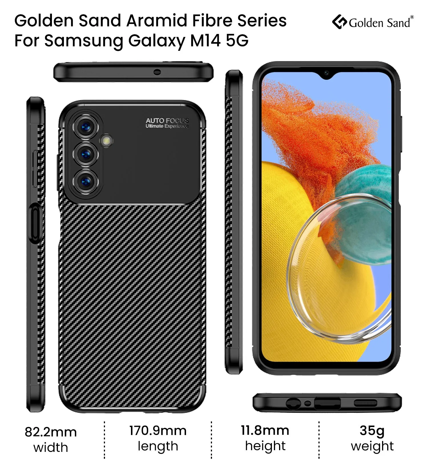 Aramid Fibre Series Shockproof Armor Back Cover for Samsung Galaxy M14 5G, 6.6 inch, Black