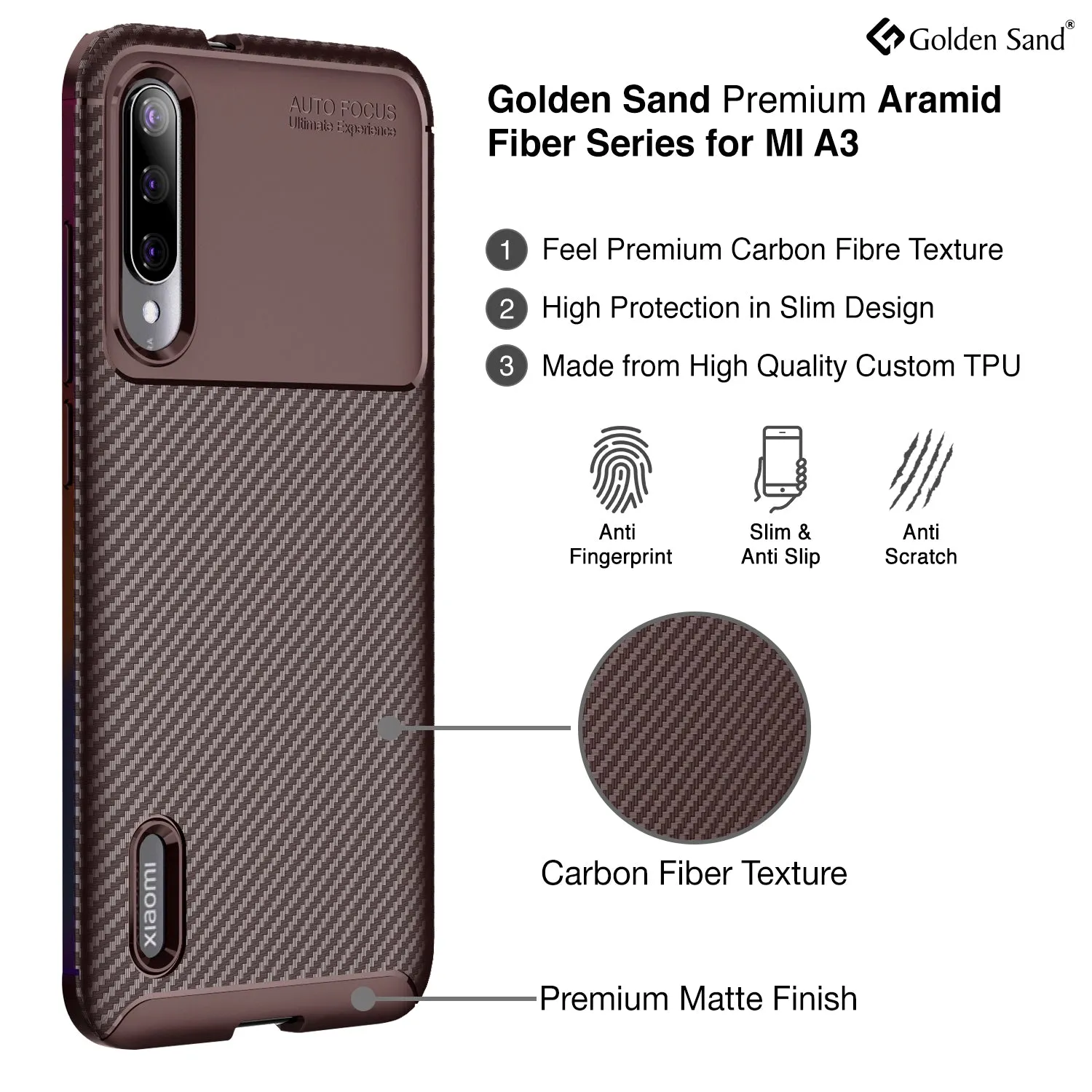Aramid Fibre Series Shockproof Armor Back Cover for Xiaomi Mi A3 6.1 inch, Brown