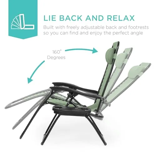 Best Choice Products Set of 2 Adjustable Steel Mesh Zero Gravity Lounge Chair Recliners w/Pillows and Cup Holder Trays - Sage Green