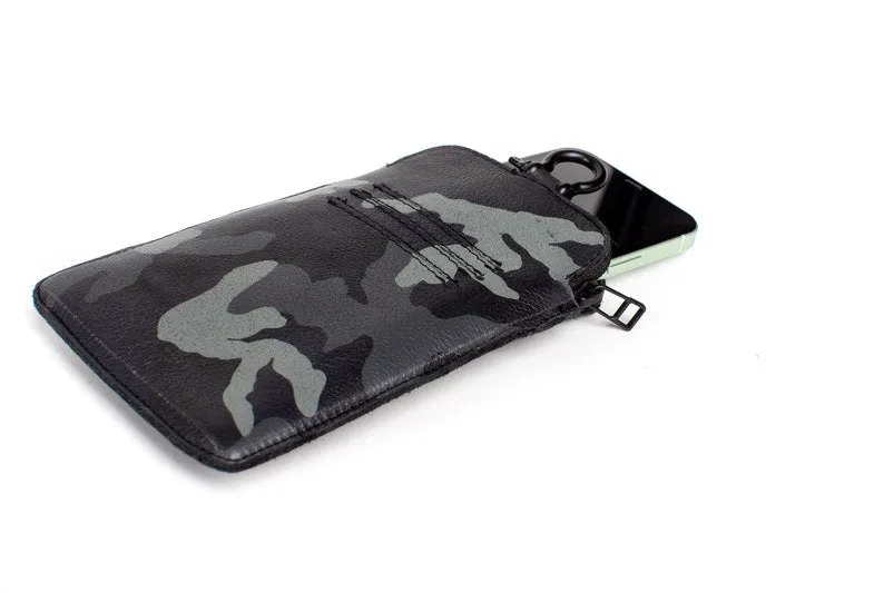 Blue Camouflage Genuine Leather Phone Case with Card Slot Strap Lanyard
