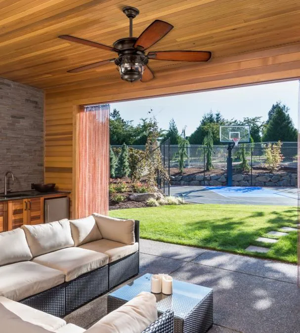 Brentford 52-Inch Five-Blade Indoor/Outdoor Ceiling Fan, Aged Walnut Finish with Dimmable LED Light Fixture