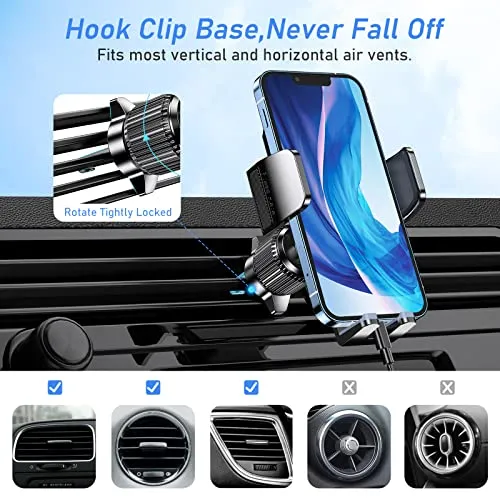 Car Phone Holder Mount, Super Stable Air Vent Cell Phone Car Mount with 2024 Newest Metal Hook Clip, 360° Rotation,One Button Release for iPhone, Samsung, Google, and All Other Smartphones