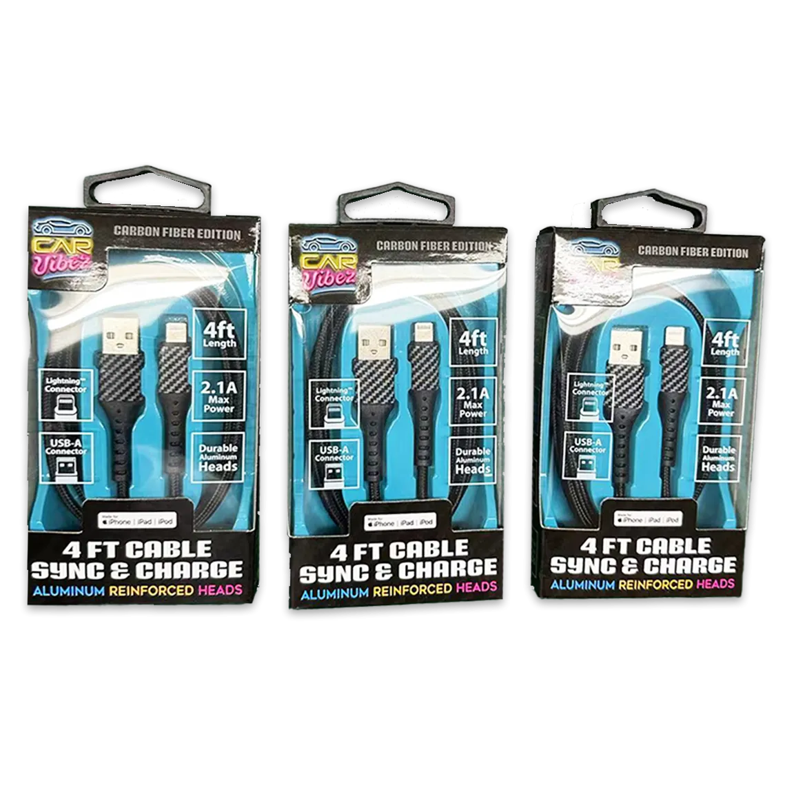 Charging Cable Carbon Fiber USB to Lightning 4FT 2.1 Amp - 3 Pieces Per Pack 24565