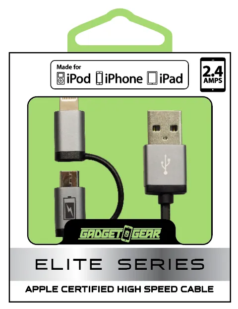 Charging Cable Elite Multi-Head USB to Micro USB / Lightning 3FT - 3 Pieces Per Pack 21100