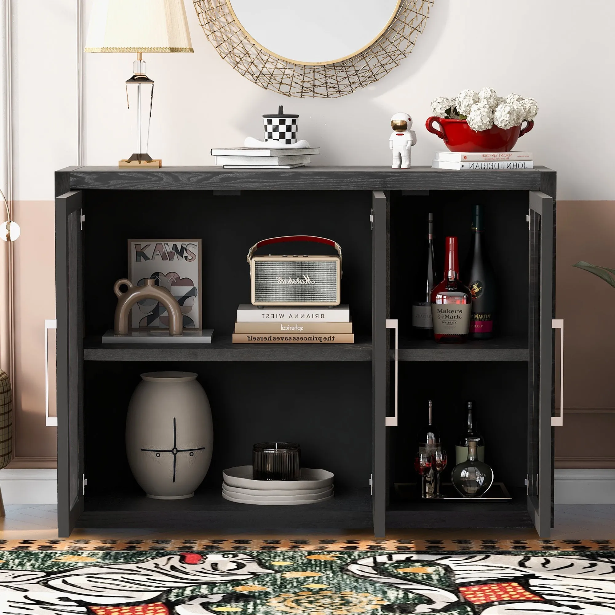 Cina Storage Cabinet with Tempered Glass - Black