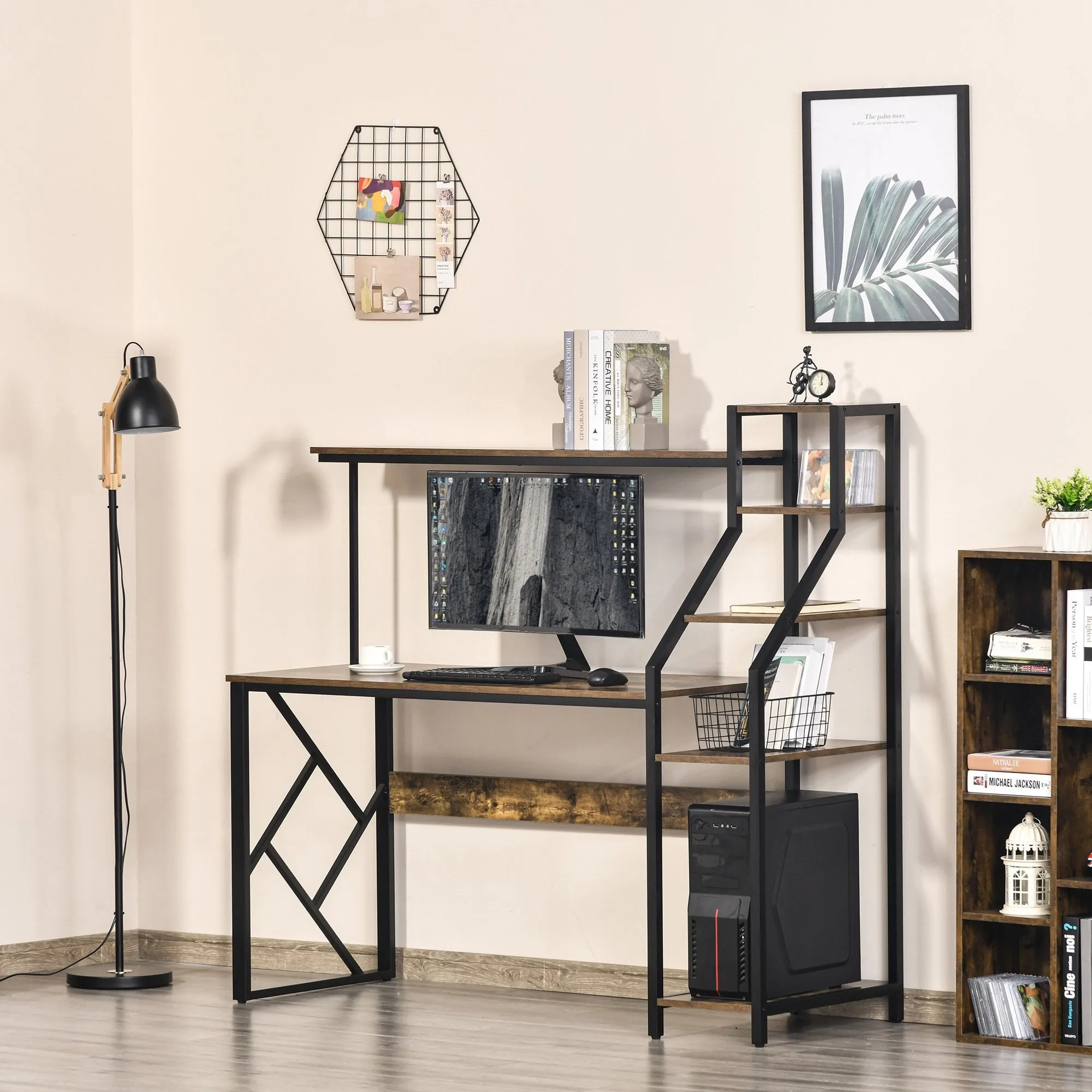 Computer Desk with Shelves Home Office Study Table with 6 Tier Storage Industrial Workstation for Small Rustic Spaces
