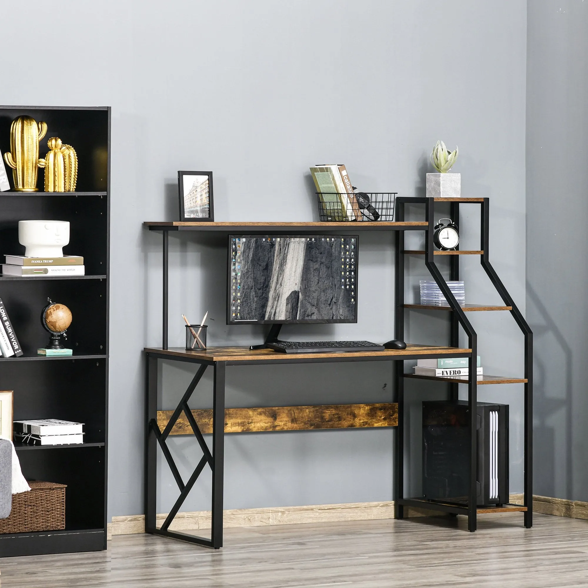 Computer Desk with Shelves Home Office Study Table with 6 Tier Storage Industrial Workstation for Small Rustic Spaces