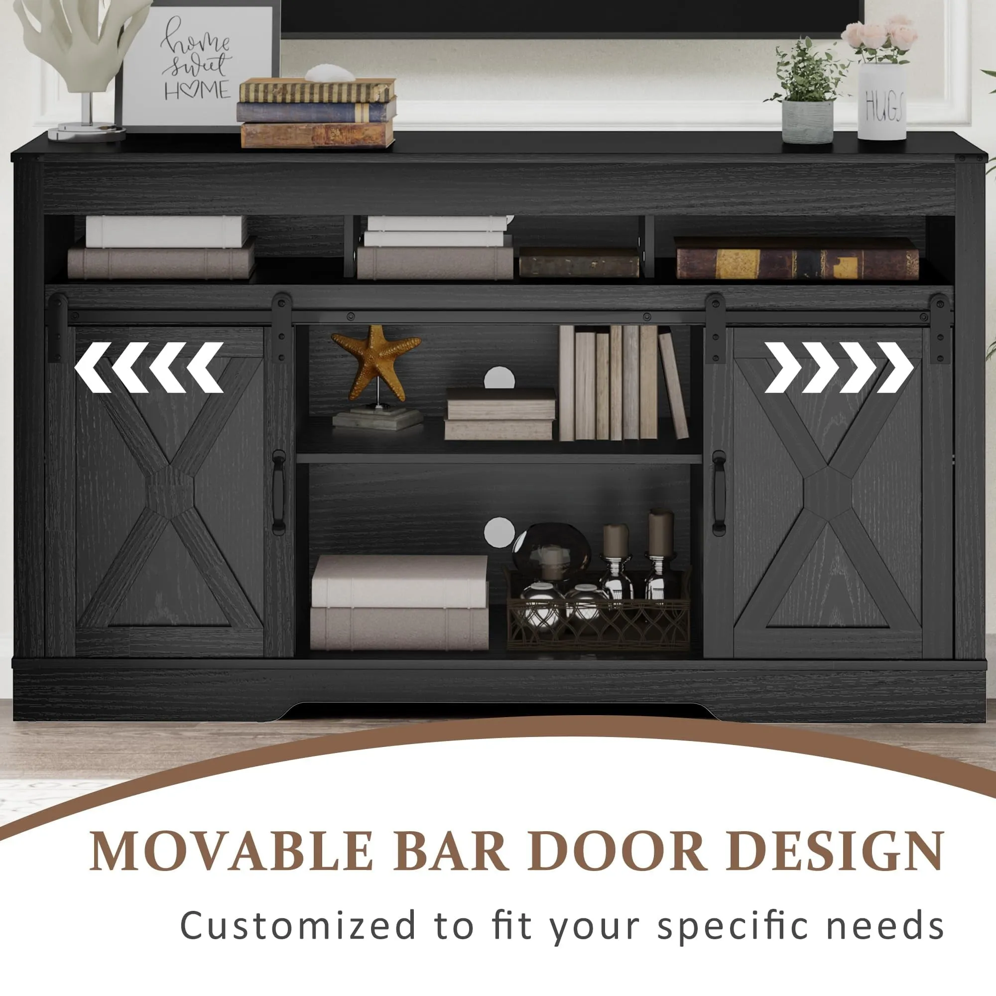 CozyHome Farmhouse TV Stand with Sliding Barn Door for TVs up to 65  Inch, 34" Tall Entertainment Center, Wood Media Console Storage Cabinet for Bedroom, Living Room, Black