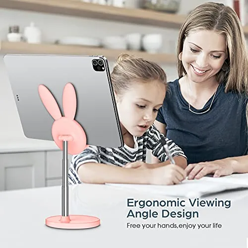 Cute Bunny Phone Stand, Angle Height Adjustable OATSBASF Cell Phone Stand for Desk, Thick Case Friendly Phone Holder Stand, Compatible with iPhone, Kindle, iPad, Switch, Tablets, All Phones (Pink)