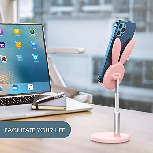 Cute Bunny Phone Stand, Angle Height Adjustable OATSBASF Cell Phone Stand for Desk, Thick Case Friendly Phone Holder Stand, Compatible with iPhone, Kindle, iPad, Switch, Tablets, All Phones (Pink)
