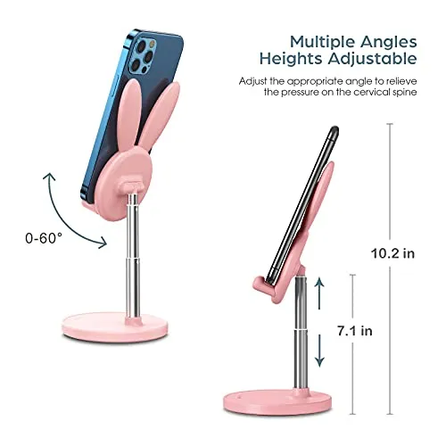 Cute Bunny Phone Stand, Angle Height Adjustable OATSBASF Cell Phone Stand for Desk, Thick Case Friendly Phone Holder Stand, Compatible with iPhone, Kindle, iPad, Switch, Tablets, All Phones (Pink)