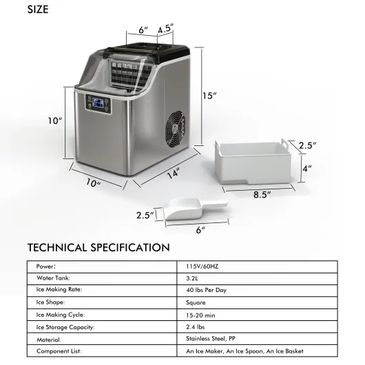 Electric Countertop Ice Maker with Ice Scoop and Basket-Sliver