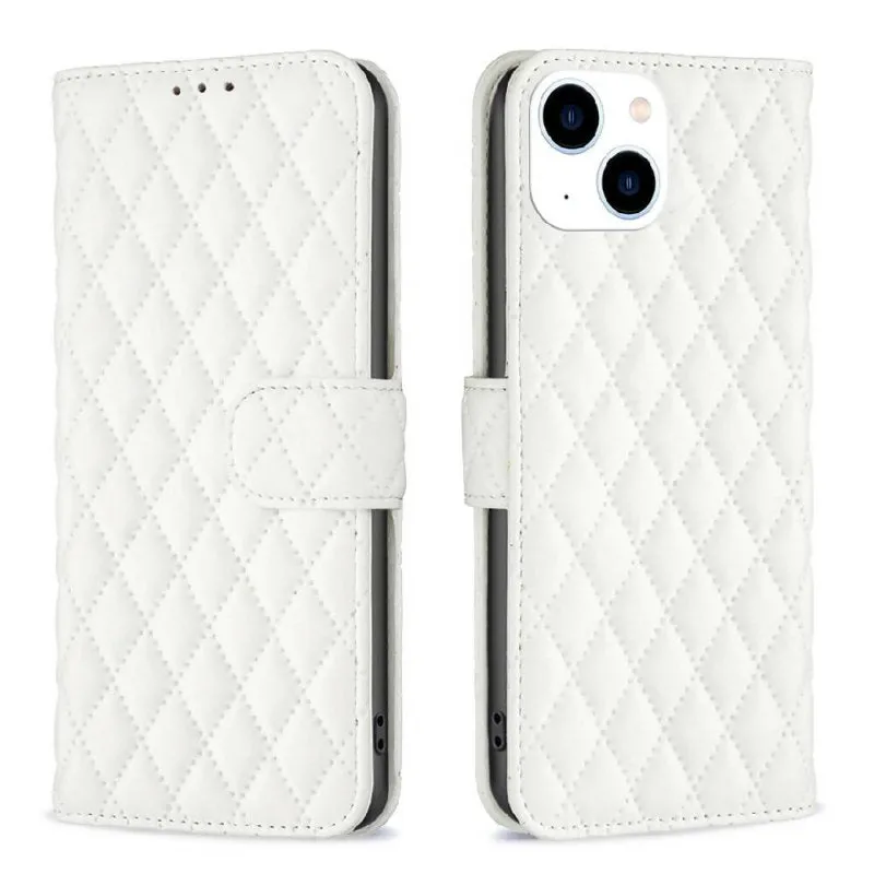 For iPhone 15 Diamond Lattice Wallet Flip Leather Phone Case(White)