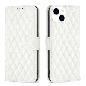 For iPhone 15 Diamond Lattice Wallet Flip Leather Phone Case(White)