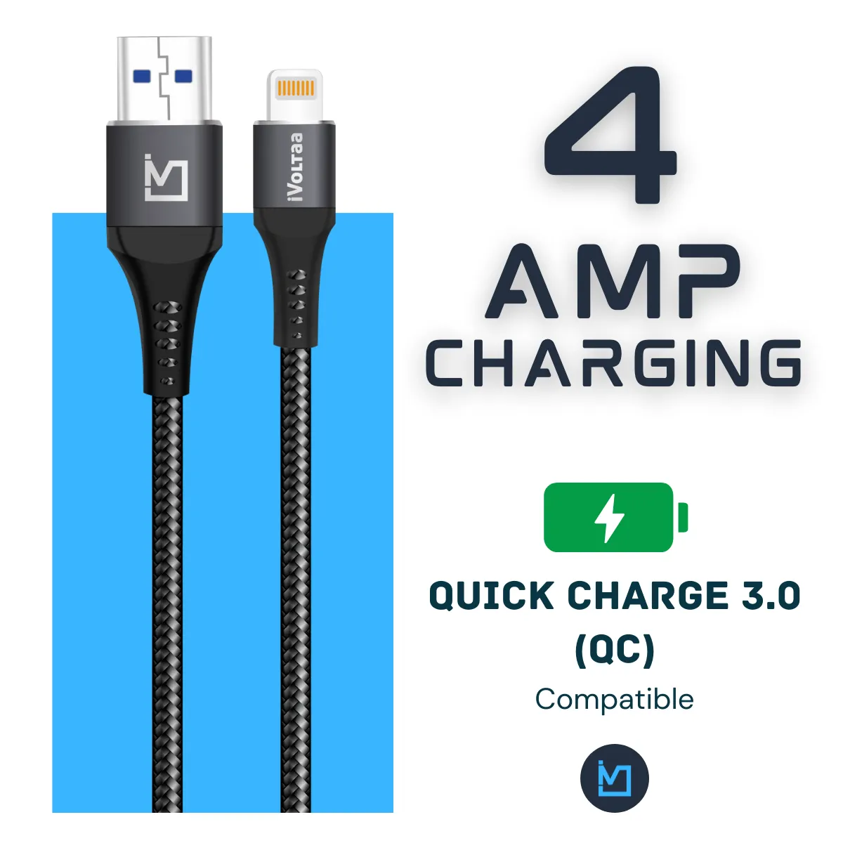 iVoltaa Braided & Metal 4A Sync & Fast Charge Lightning Cable (1.5 / 5.0 Ft. Long - Black)…