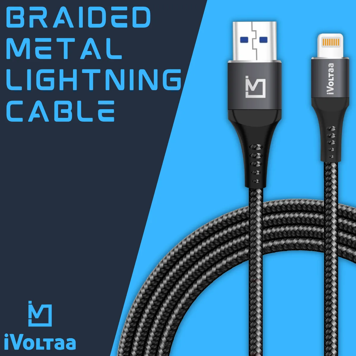 iVoltaa Braided & Metal 4A Sync & Fast Charge Lightning Cable (1.5 / 5.0 Ft. Long - Black)…