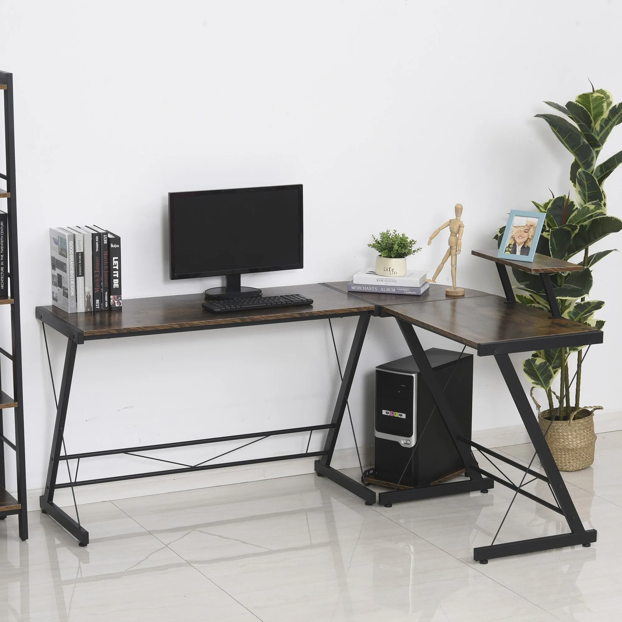 L Shaped Desk Round Corner Computer Gaming Table Workstation with Storage Shelf , CPU Stand for Home Office Industrial