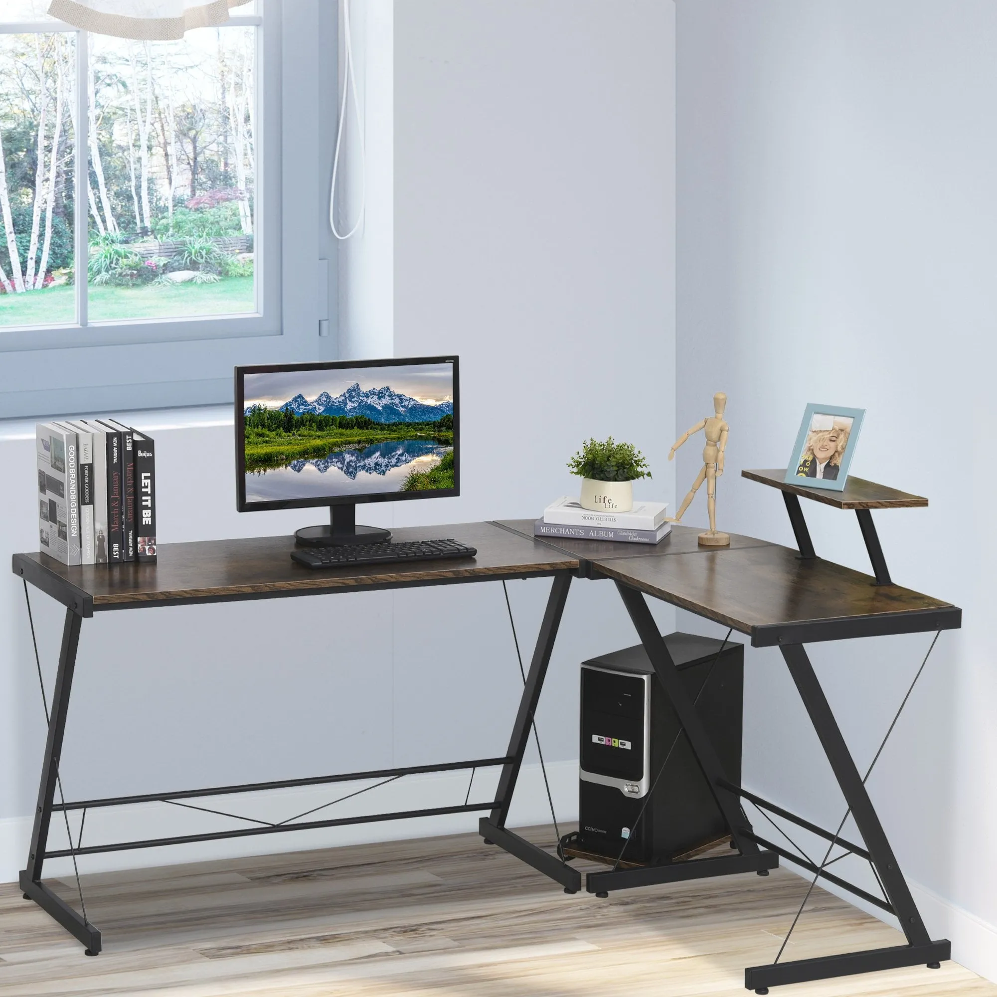 L Shaped Desk Round Corner Computer Gaming Table Workstation with Storage Shelf , CPU Stand for Home Office Industrial