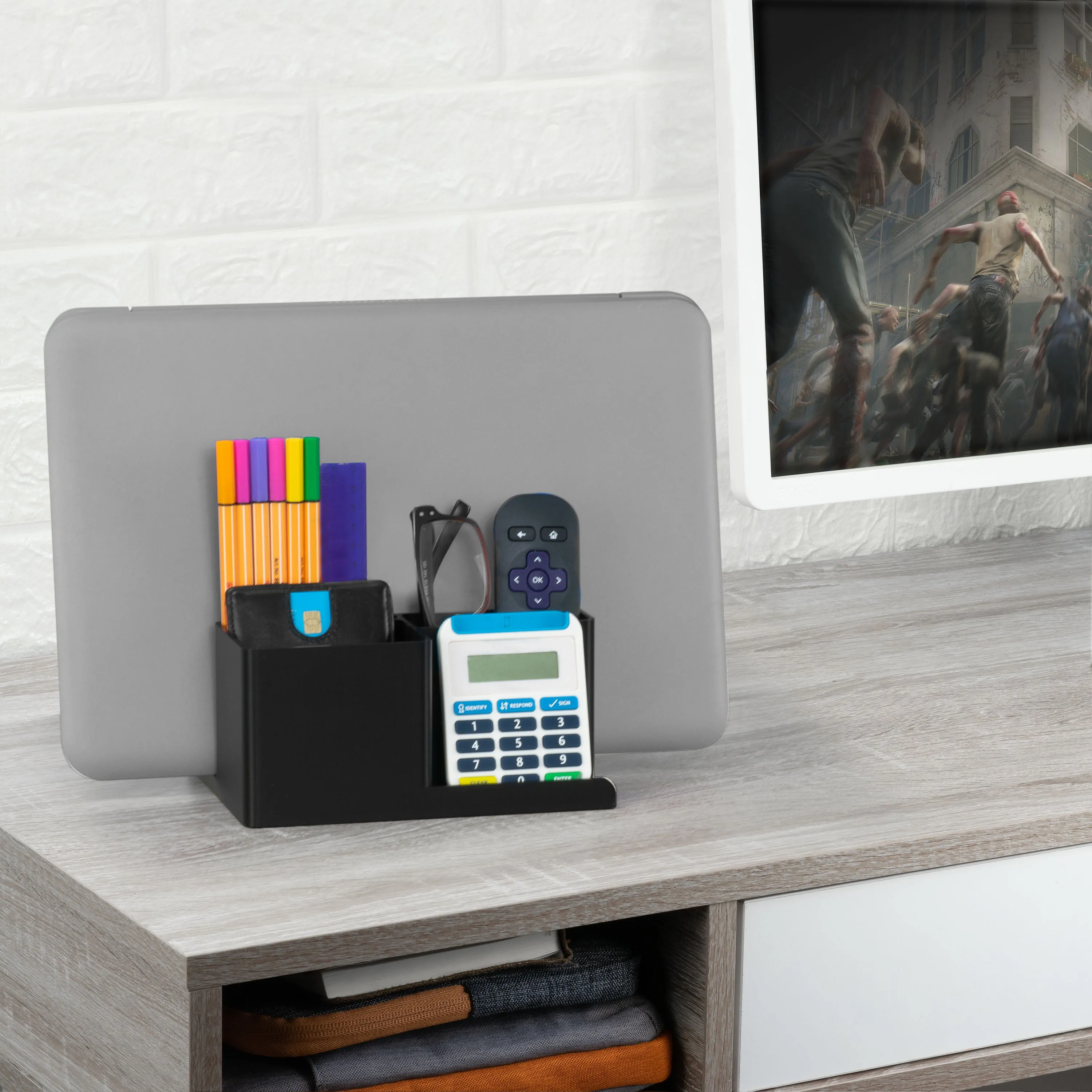 Laptop Stand for Desk with Pen Holder & Phone Stand - All In One Organizer, Reduce Desktop Clutter