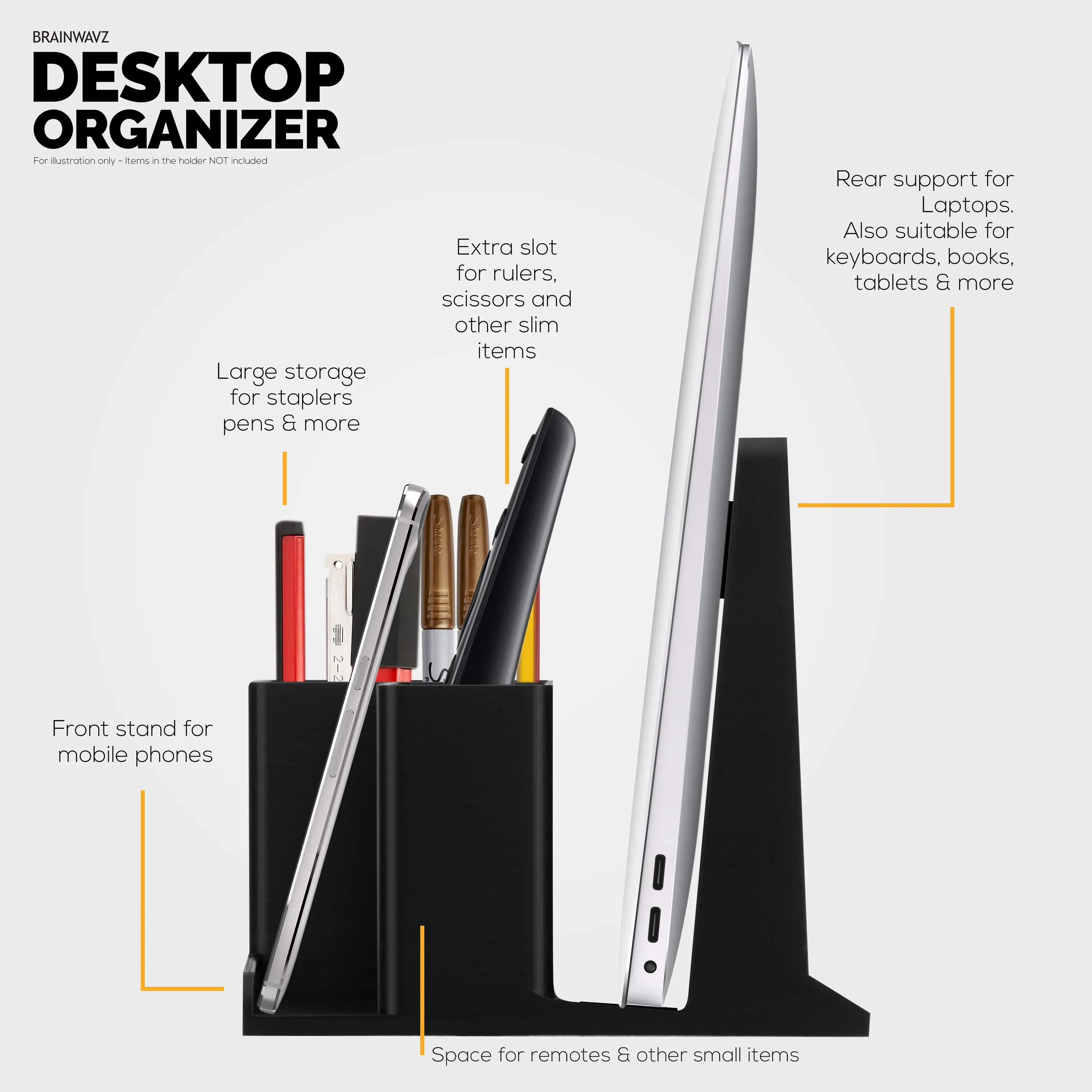 Laptop Stand for Desk with Pen Holder & Phone Stand - All In One Organizer, Reduce Desktop Clutter