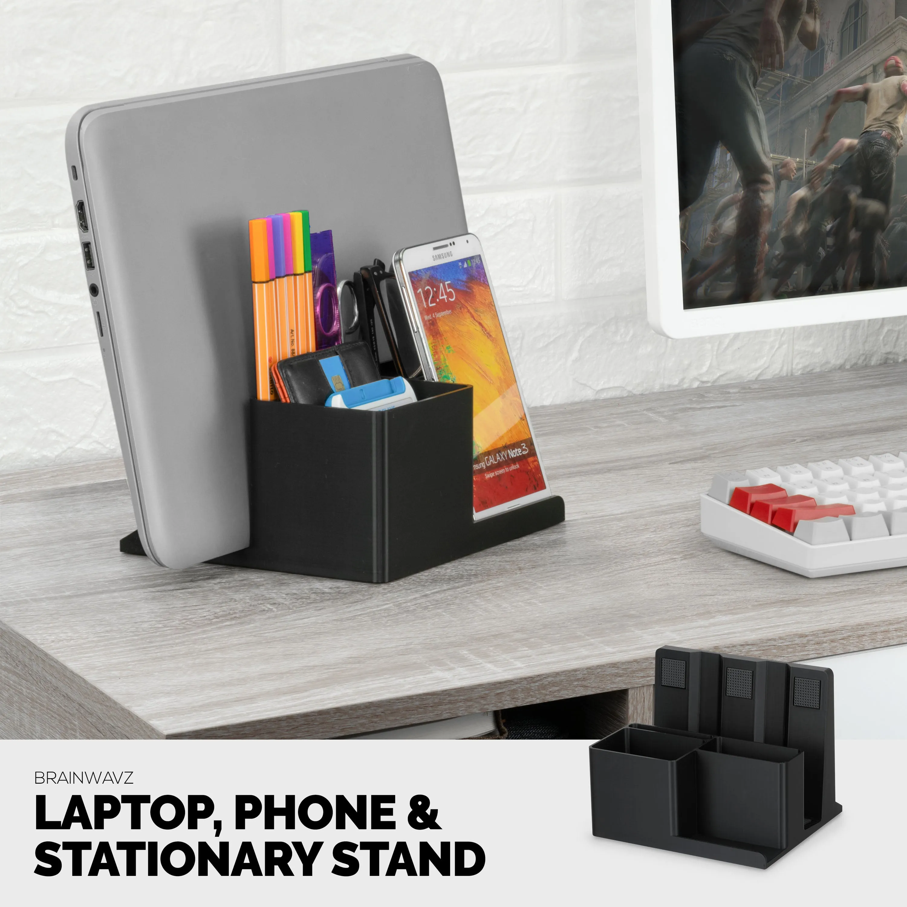 Laptop Stand for Desk with Pen Holder & Phone Stand - All In One Organizer, Reduce Desktop Clutter
