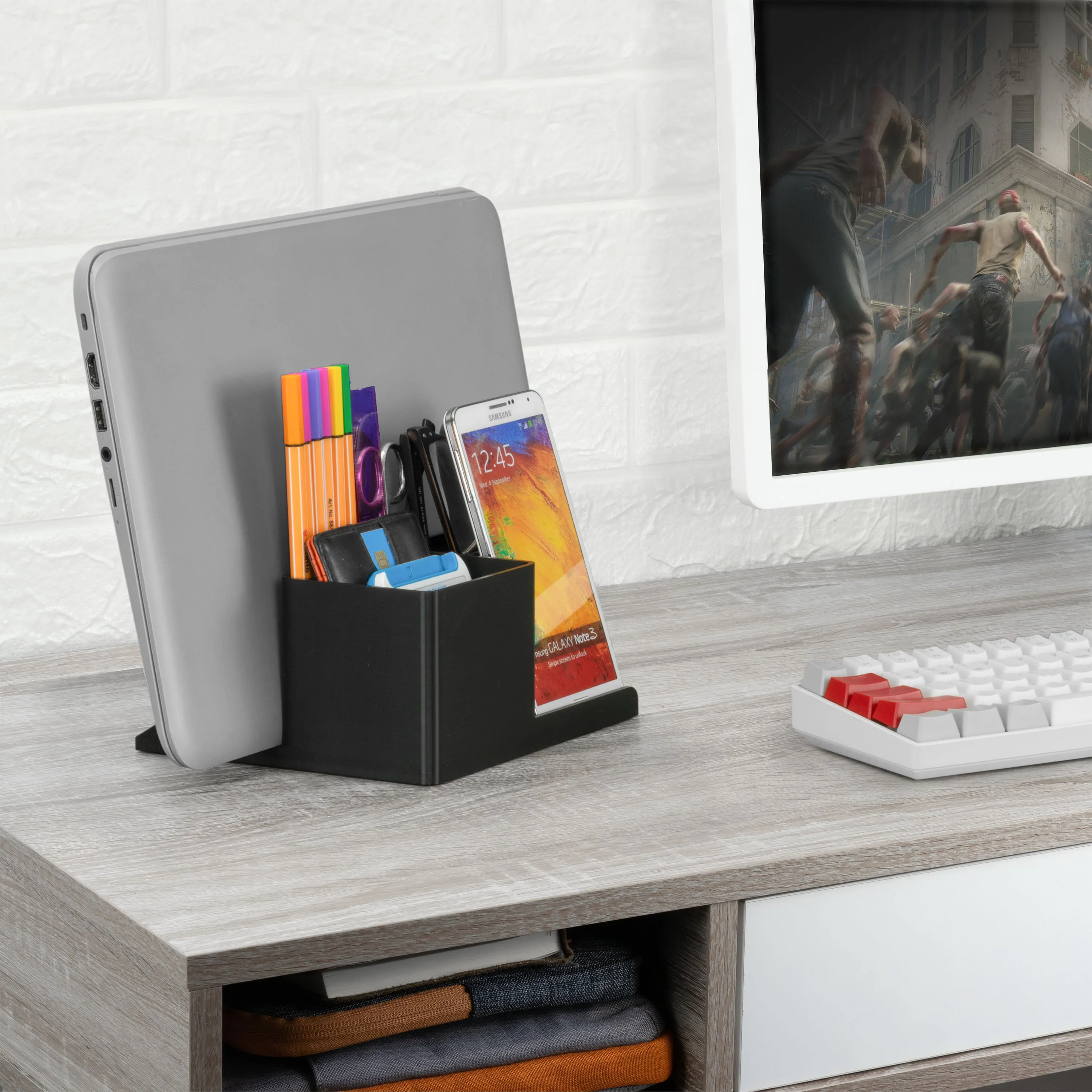 Laptop Stand for Desk with Pen Holder & Phone Stand - All In One Organizer, Reduce Desktop Clutter