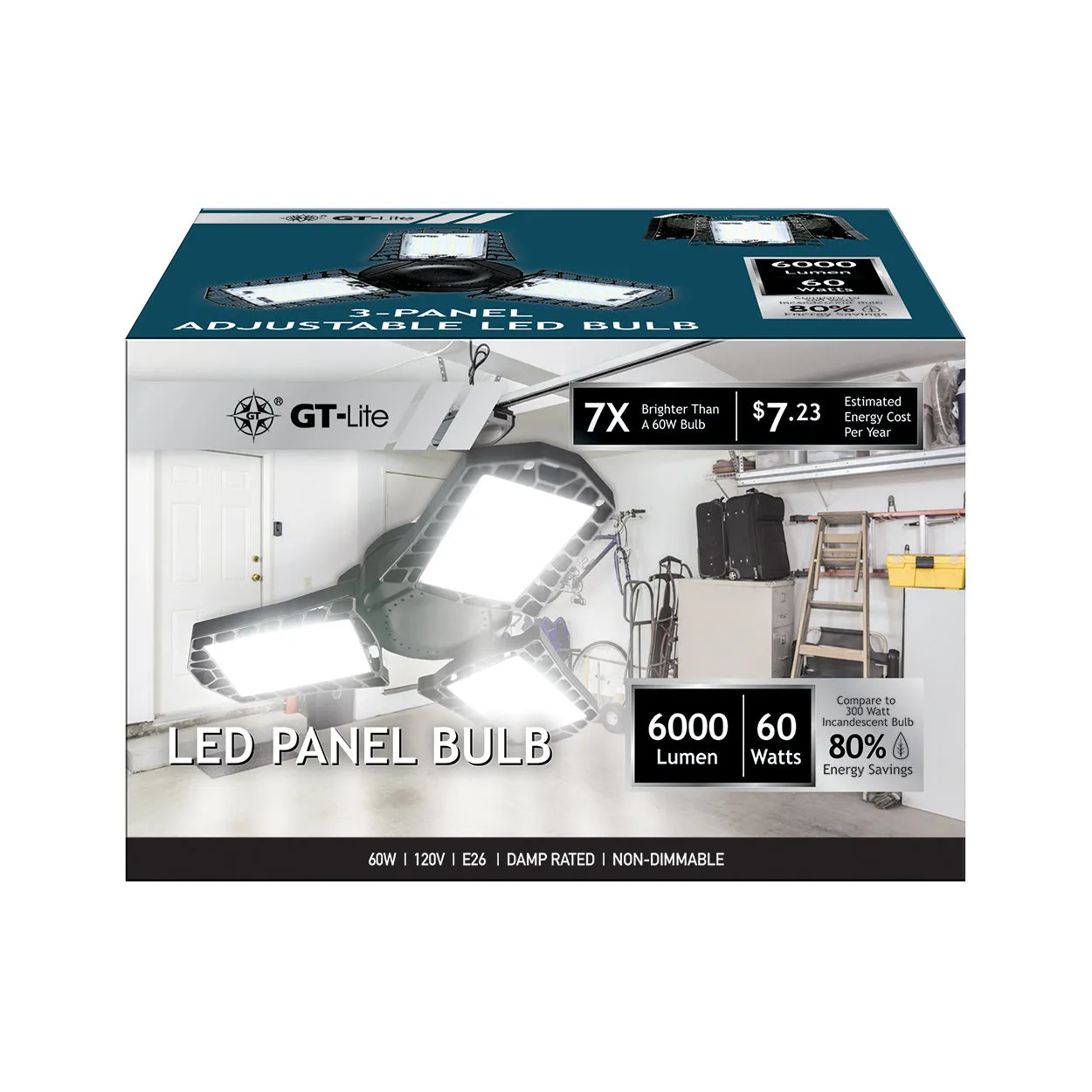 LED Garage Light 60-Watt 6000 Lumen, Adjustable 3-Panel Bulb, 300-Watt Equivalent, 5000K Daylight, E26