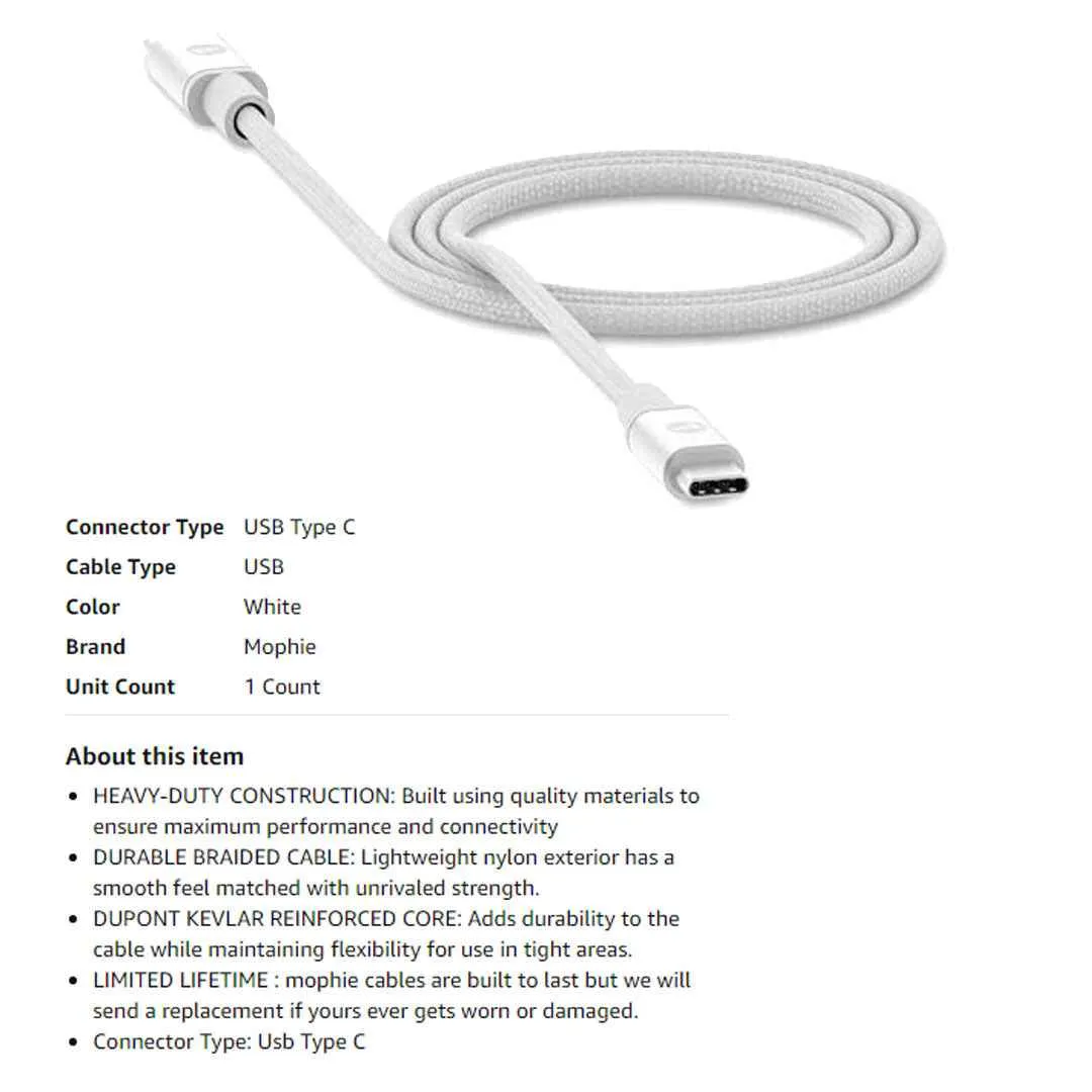 Mophie USB-C to USB-C ( 3.1 ) ( 1.5m ) - White (Barcode: 848467093605 )