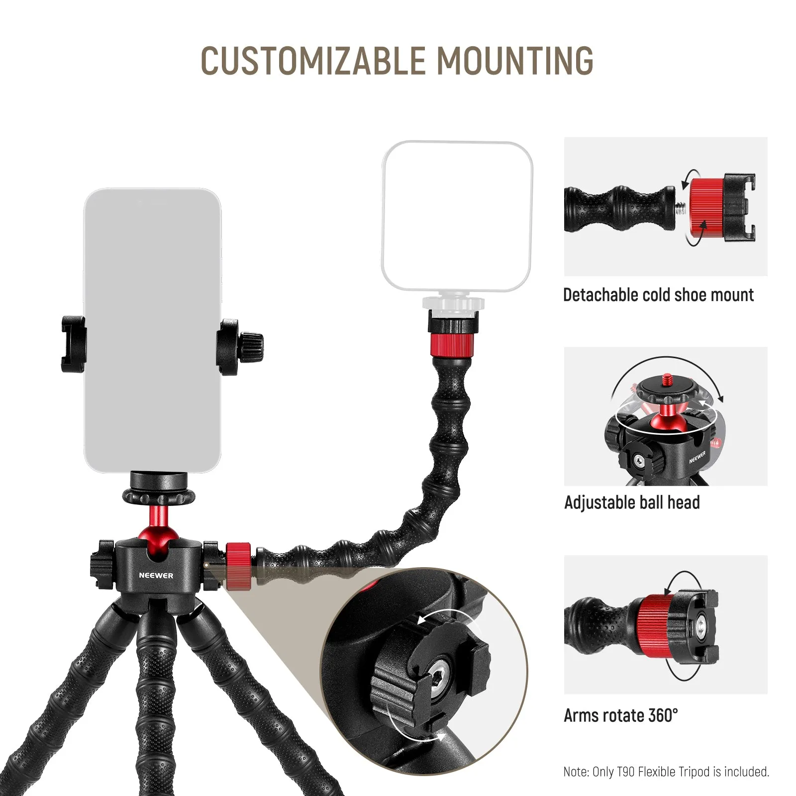 NEEWER T90 Flexible Tripod with Two Detachable Magic Arms