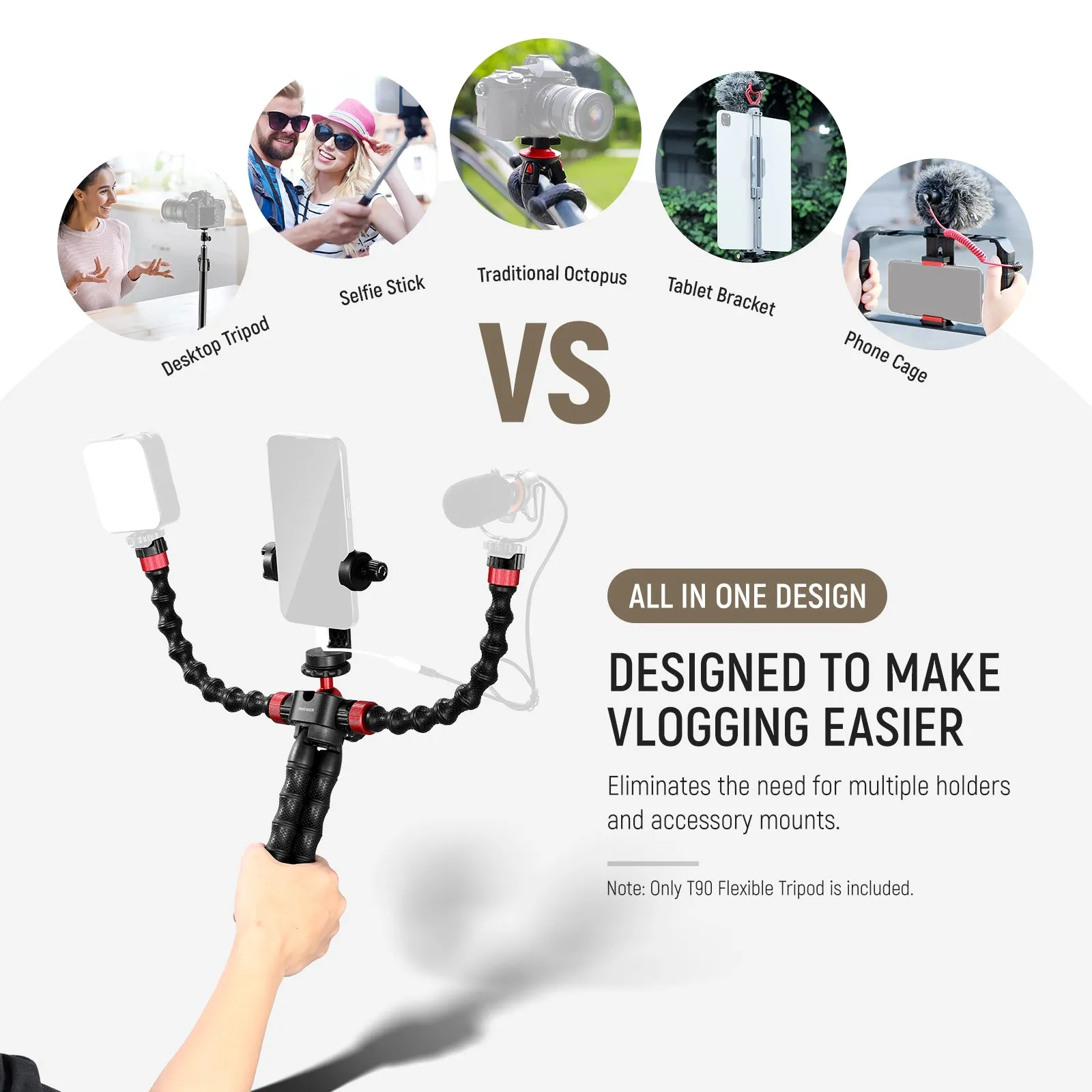 NEEWER T90 Flexible Tripod with Two Detachable Magic Arms