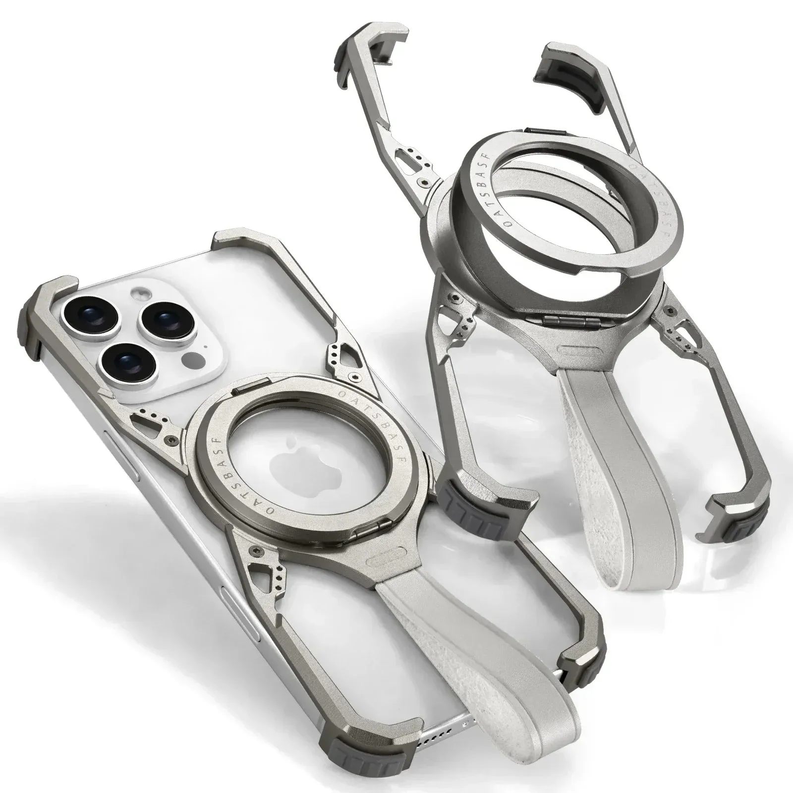 Oatsbasf Tiangong-1 MagSafe Leather Lanyard Pivot O-Ring Kickstand Air Cushion Metal Case Cover