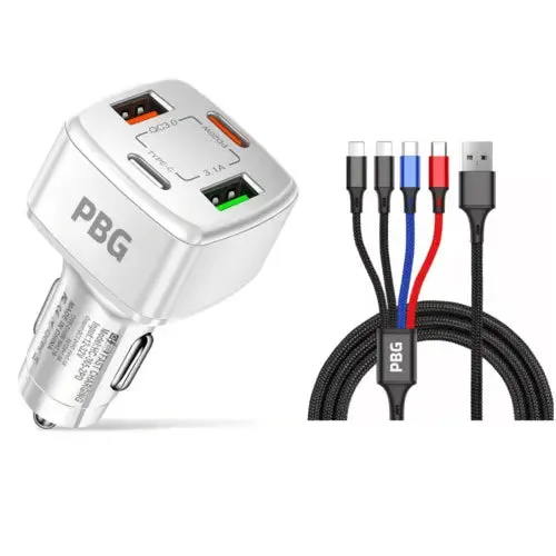 PBG 4 Port  PD/USB Car Charger and 4 in 1 Nylon Cable Bundle -Car Charger with Multiple Ports