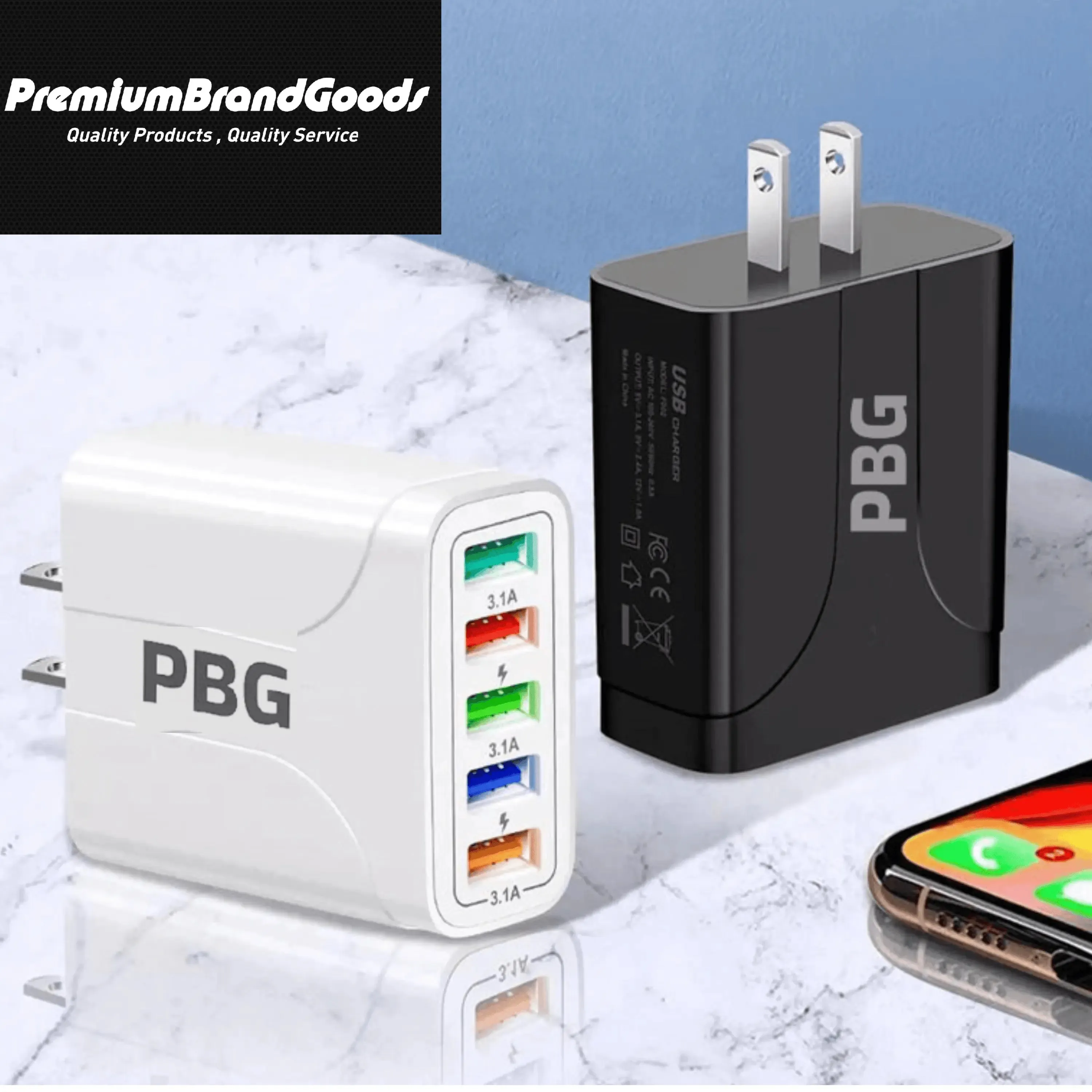 PBG 5 Port LED Wall Charger with 4-XL 10FT Charging Cables for Iphone-PBG 5 Port Wall Charger