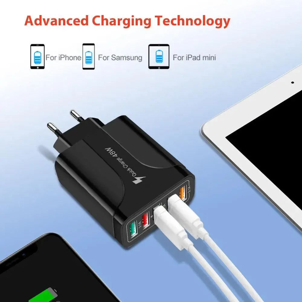PBG 5 Port LED Wall Charger with 4-XL 10FT Charging Cables for Iphone-PBG 5 Port Wall Charger