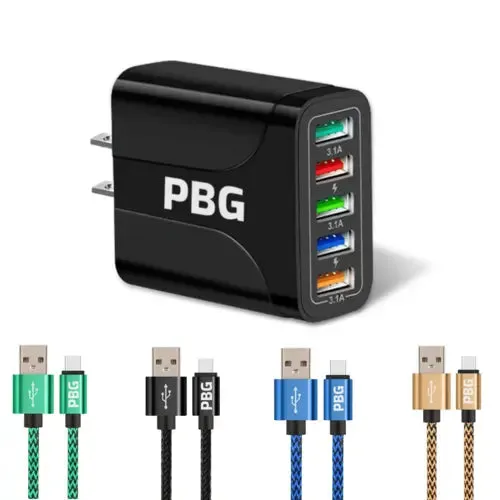 PBG 5 Port LED Wall Charger with 4-XL 10FT Charging Cables for Iphone-PBG 5 Port Wall Charger
