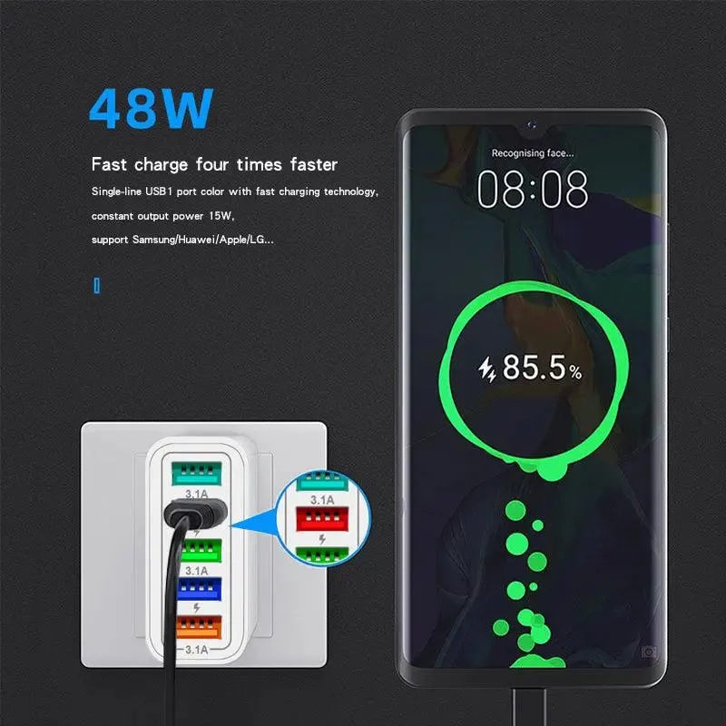 PBG 5 Port LED Wall Charger with 4-XL 10FT Charging Cables for Iphone-PBG 5 Port Wall Charger