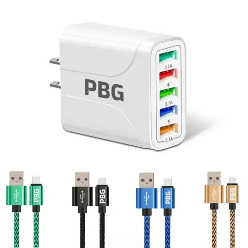 PBG 5 Port LED Wall Charger with 4-XL 10FT Charging Cables for Iphone-PBG 5 Port Wall Charger